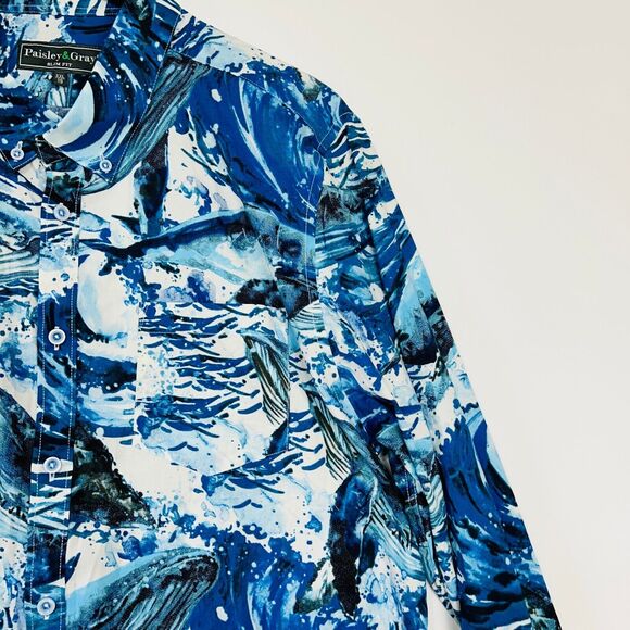 Mens Graphic Button Up Shirt Size XXL Blues Ocean Waves Slim Fit Paisley &‎ Gray - Picture 6 of 16